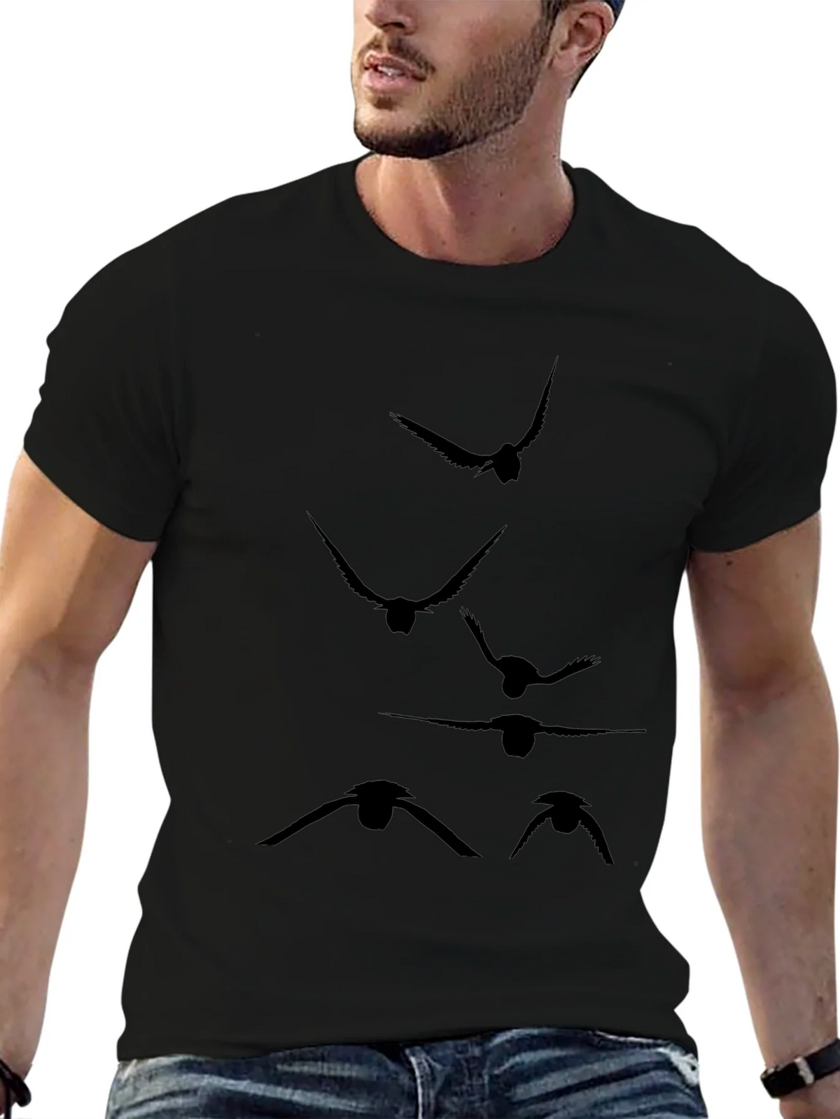 Mens Black T-Shirt with Flying Bird Silhouette Design product image 6