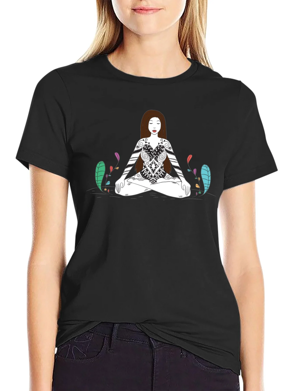 Meditative Woman Graphic Tee - Black Cotton T-Shirt product image 2