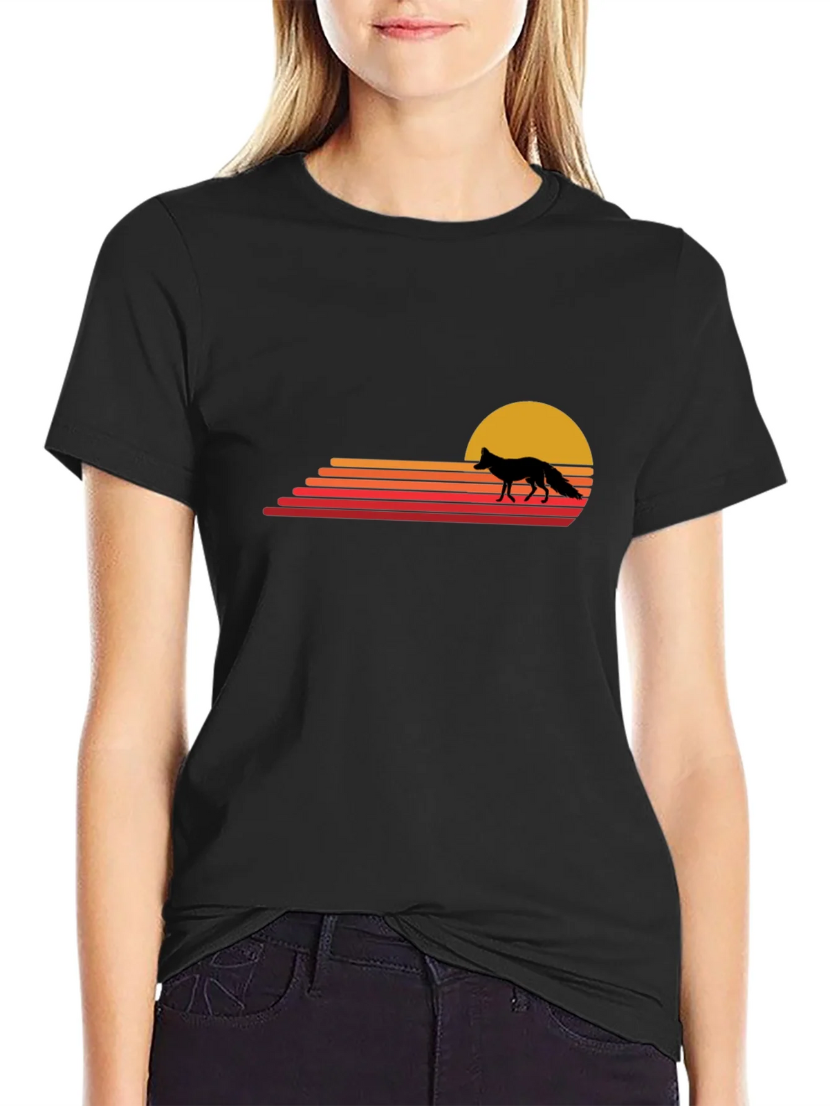 Retro Fox Sunset T-Shirt - Black product image 2