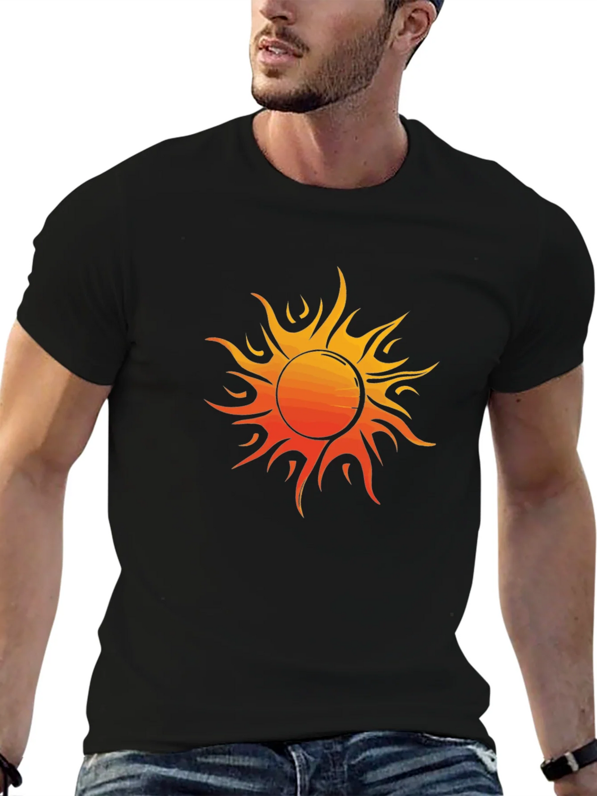 Fiery Sun Graphic Tee - Bold Black Cotton Shirt product image 6