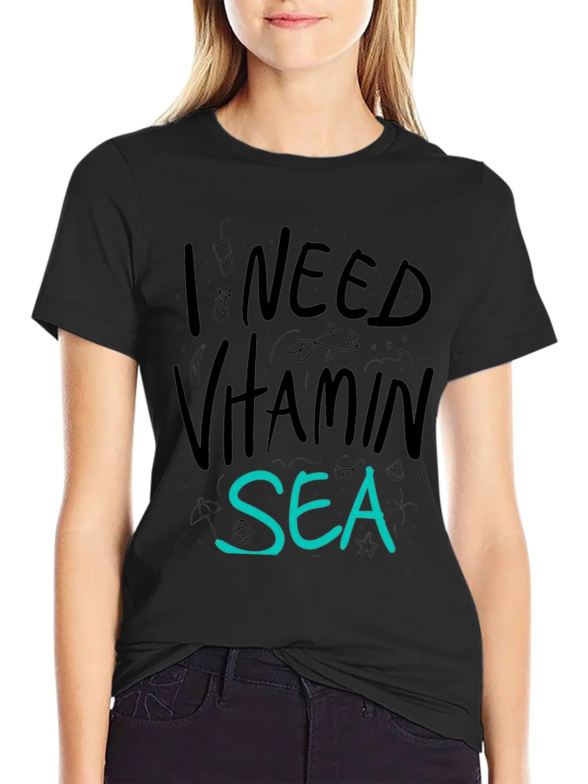 I Need Vitamin Sea T-Shirt - Black Cotton Tee product image 2
