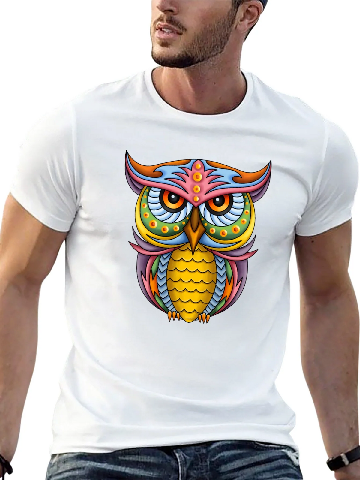 Vibrant Owl Graphic Black T-Shirt product image 7