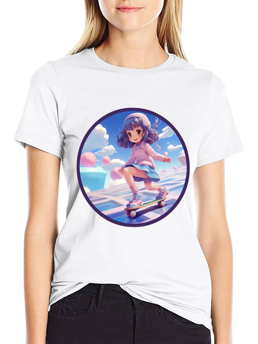 Anime Girl Skateboarder Black T-Shirt product image 7