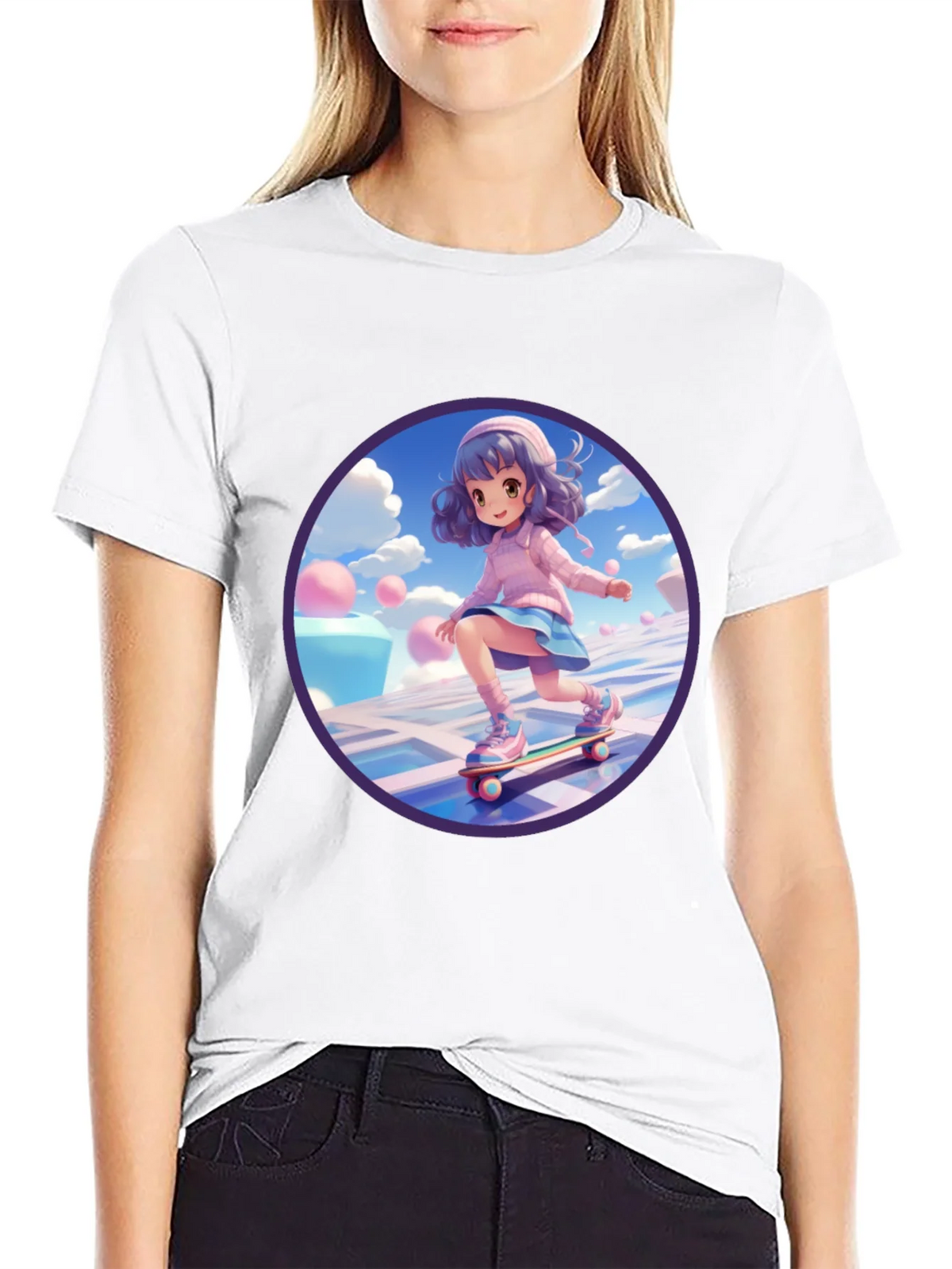 Anime Girl Skateboarder Black T-Shirt product image 7