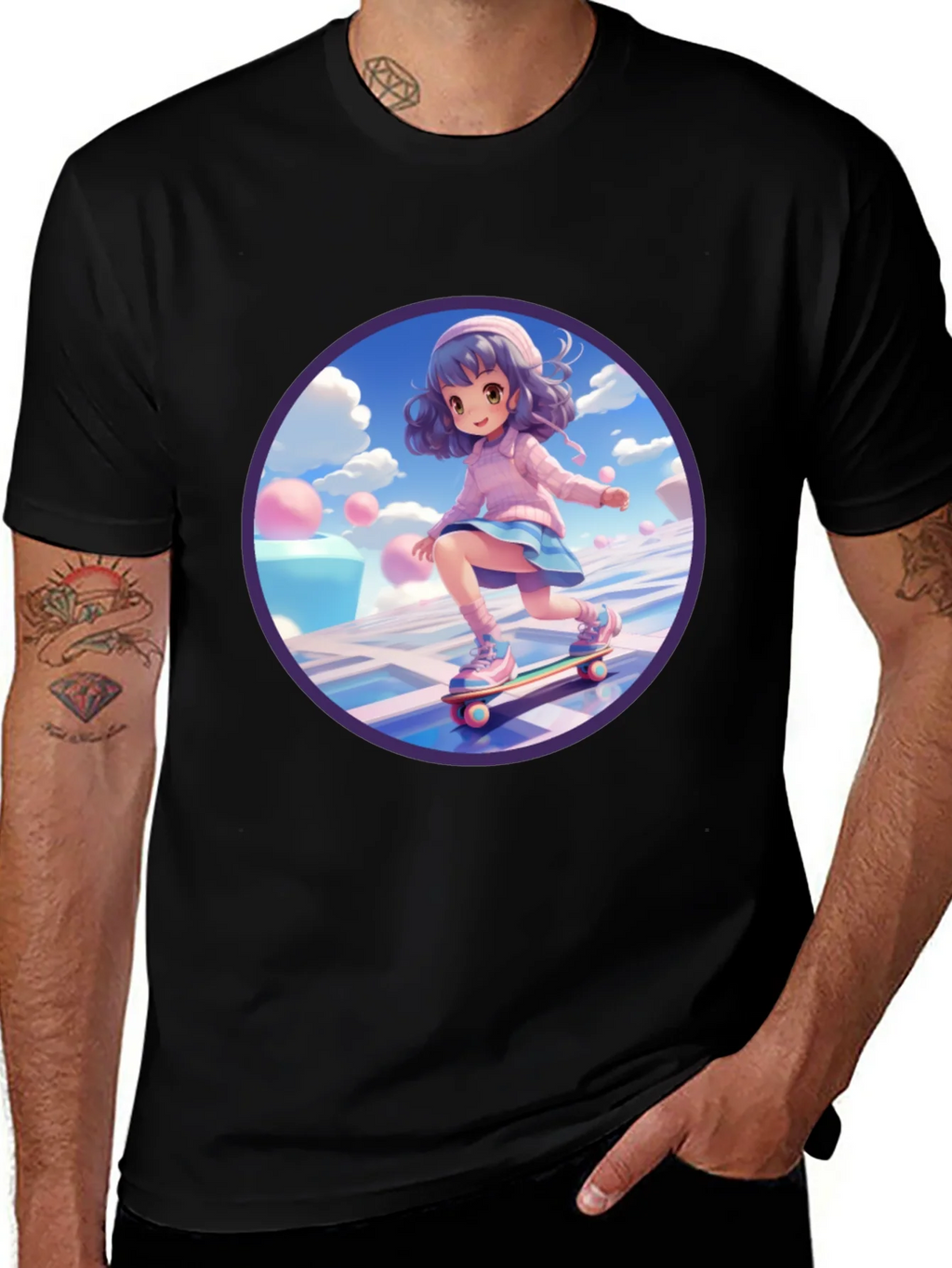 Anime Girl Skateboarder Black T-Shirt product image 1