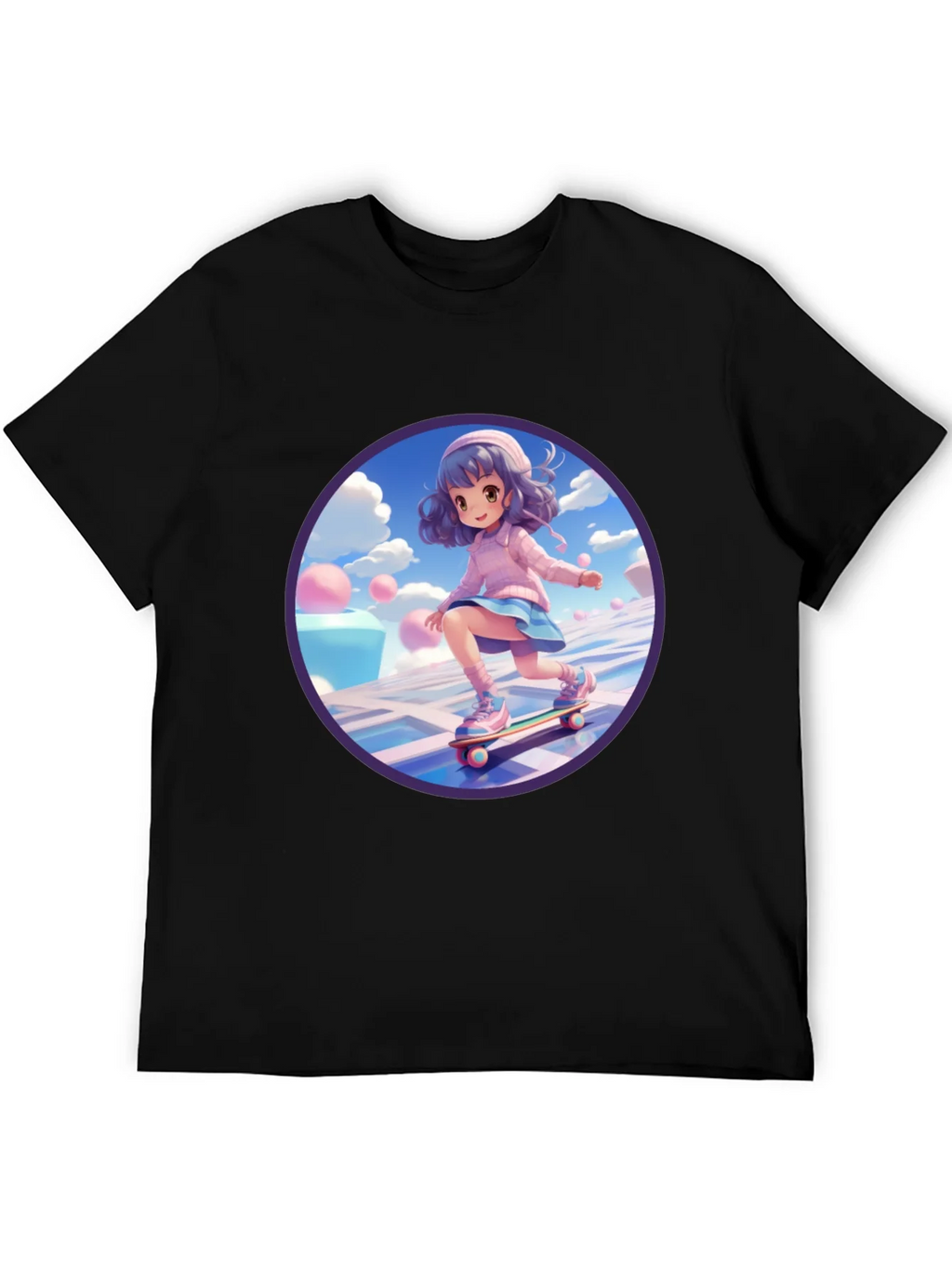 Anime Girl Skateboarder Black T-Shirt product image 4
