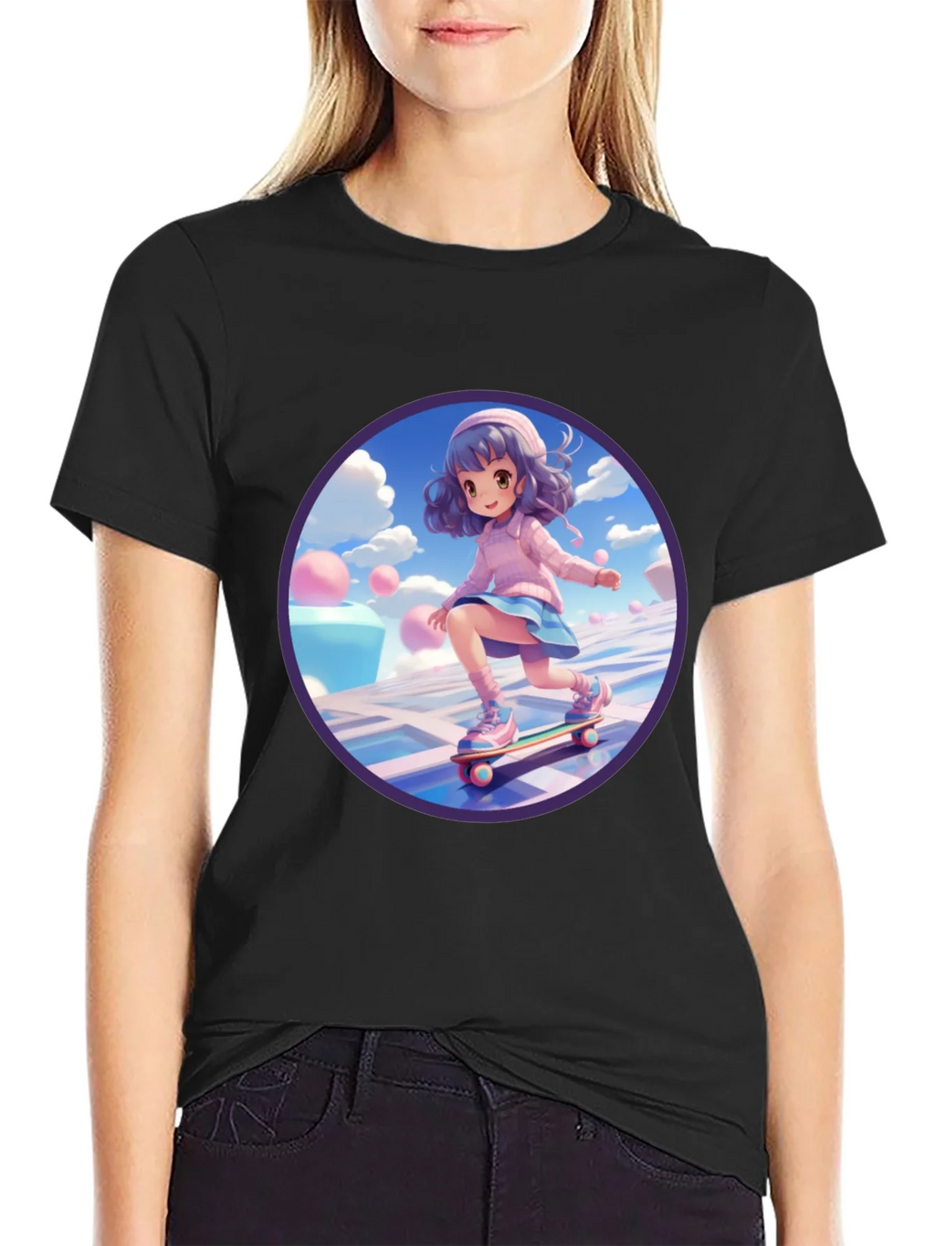 Anime Girl Skateboarder Black T-Shirt product image 2