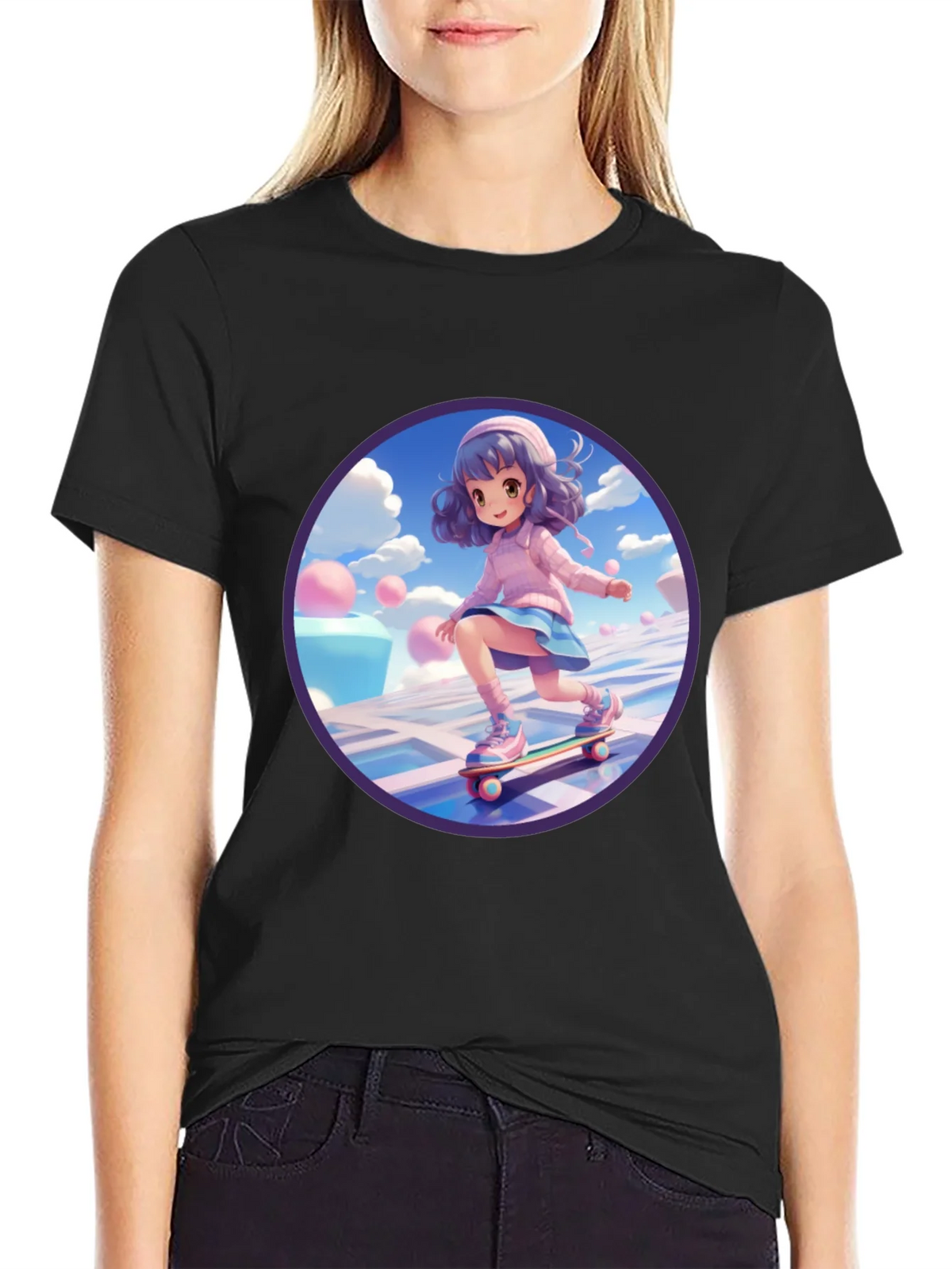 Anime Girl Skateboarder Black T-Shirt product image 2