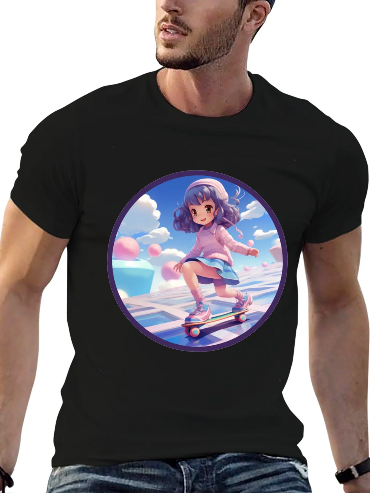 Anime Girl Skateboarder Black T-Shirt product image 5