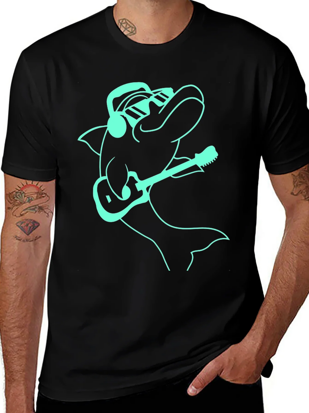 Cool Dolphin Guitarist Graphic Tee - Black product image 1