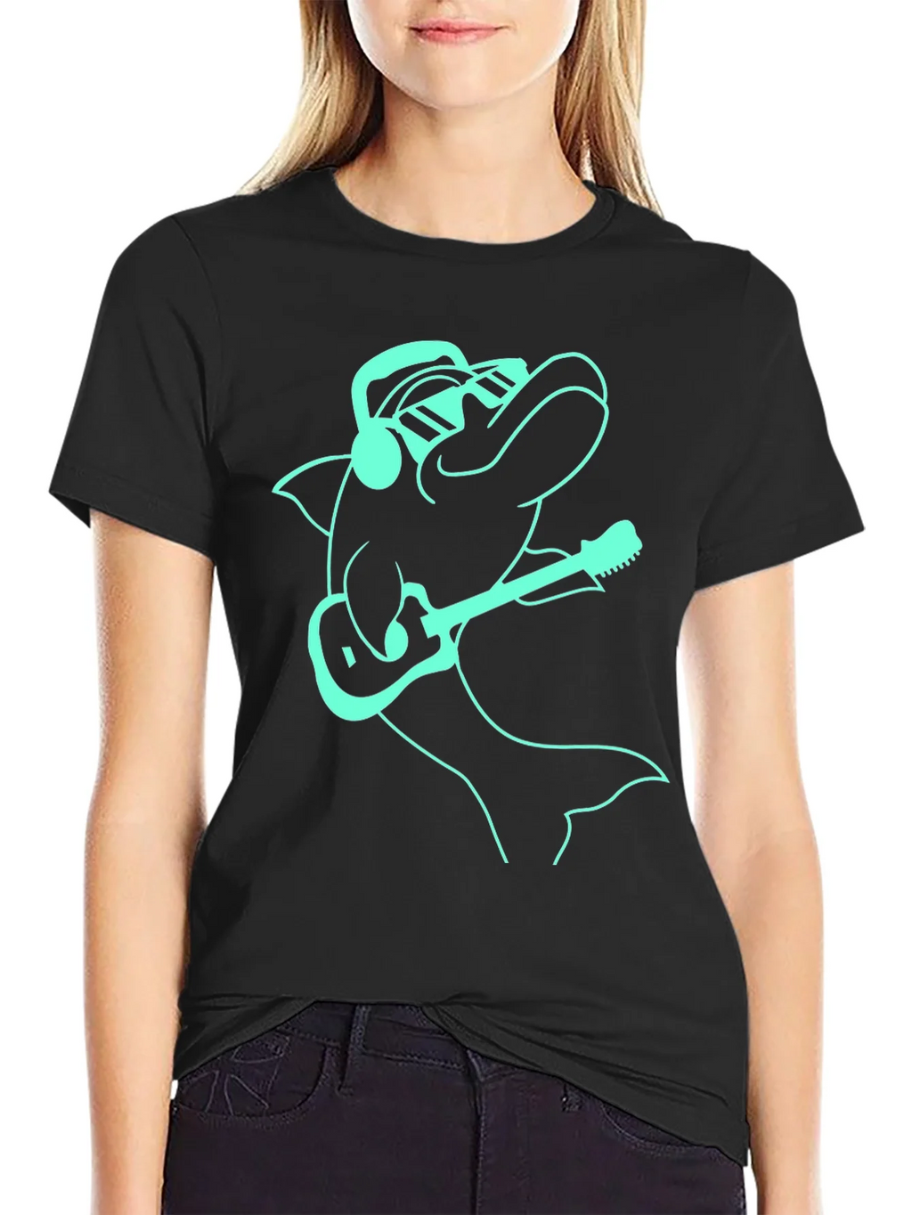Cool Dolphin Guitarist Graphic Tee - Black product image 2