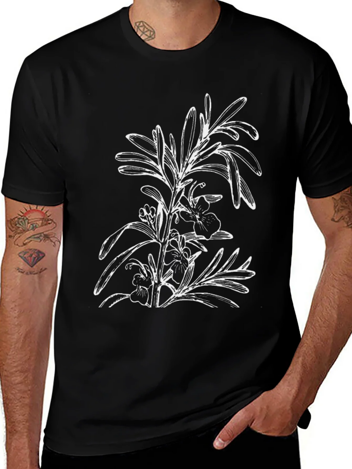 Black T-Shirt with Floral Botanical Graphic product image 1