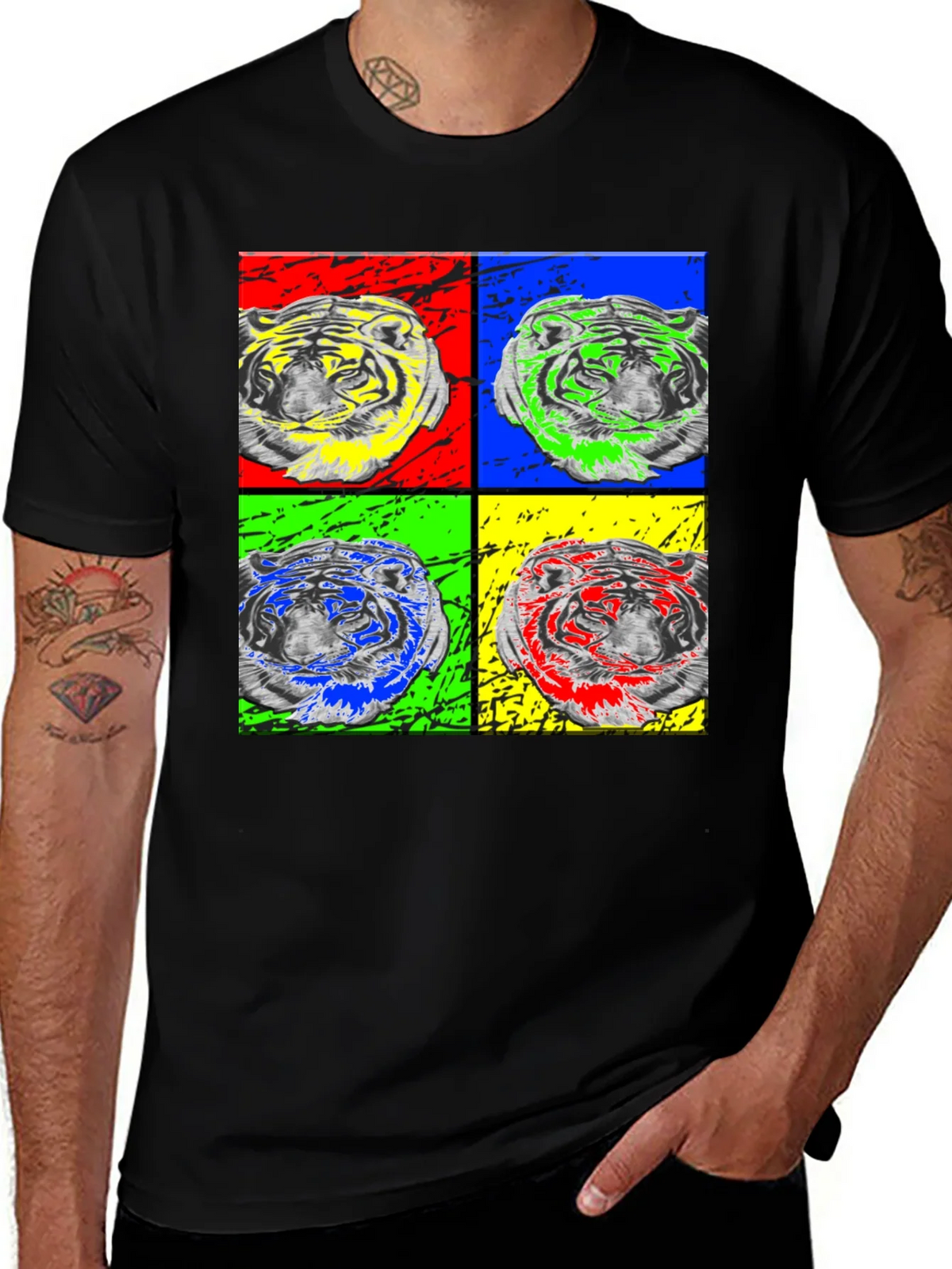 Pop Art Tiger Graphic Black T-Shirt product image 1