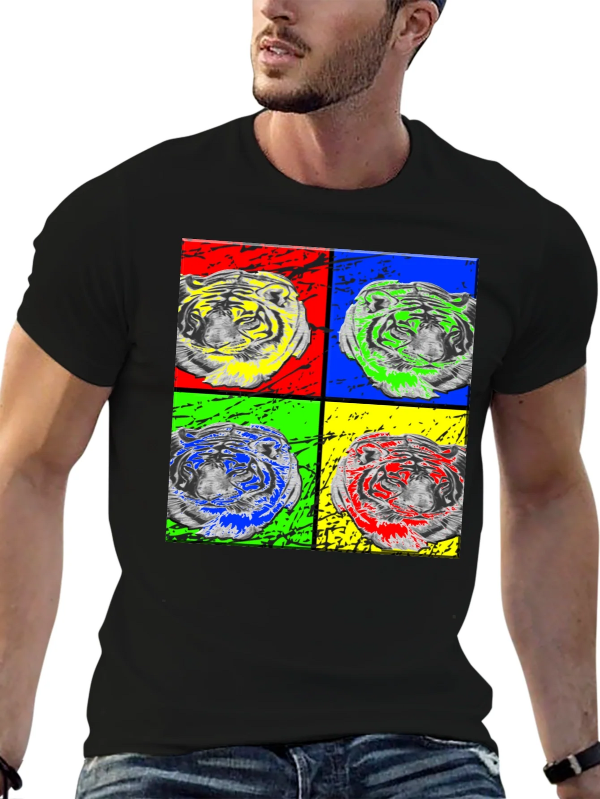 Pop Art Tiger Graphic Black T-Shirt product image 6