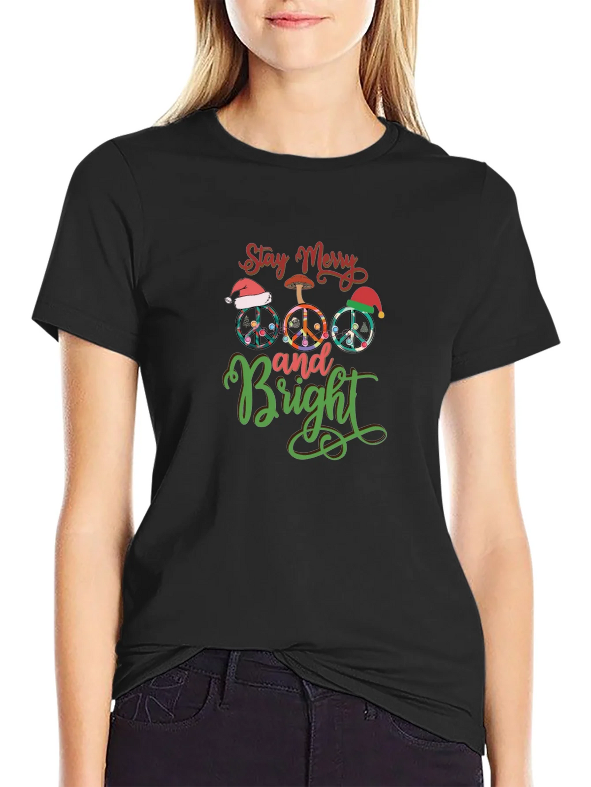 Stay Merry and Bright Christmas Peace Sign Graphic Tee