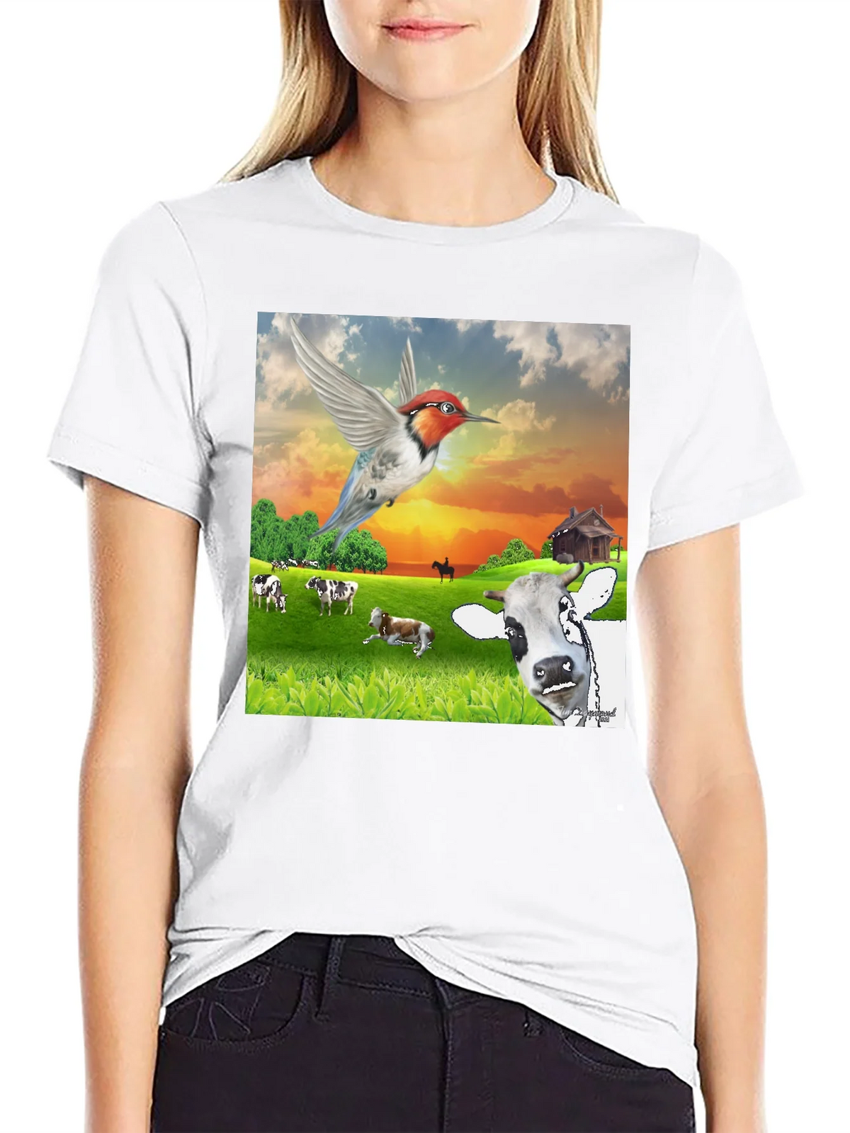 Hummingbird & Cow Farm T-Shirt - Unique Animal Design product image 8