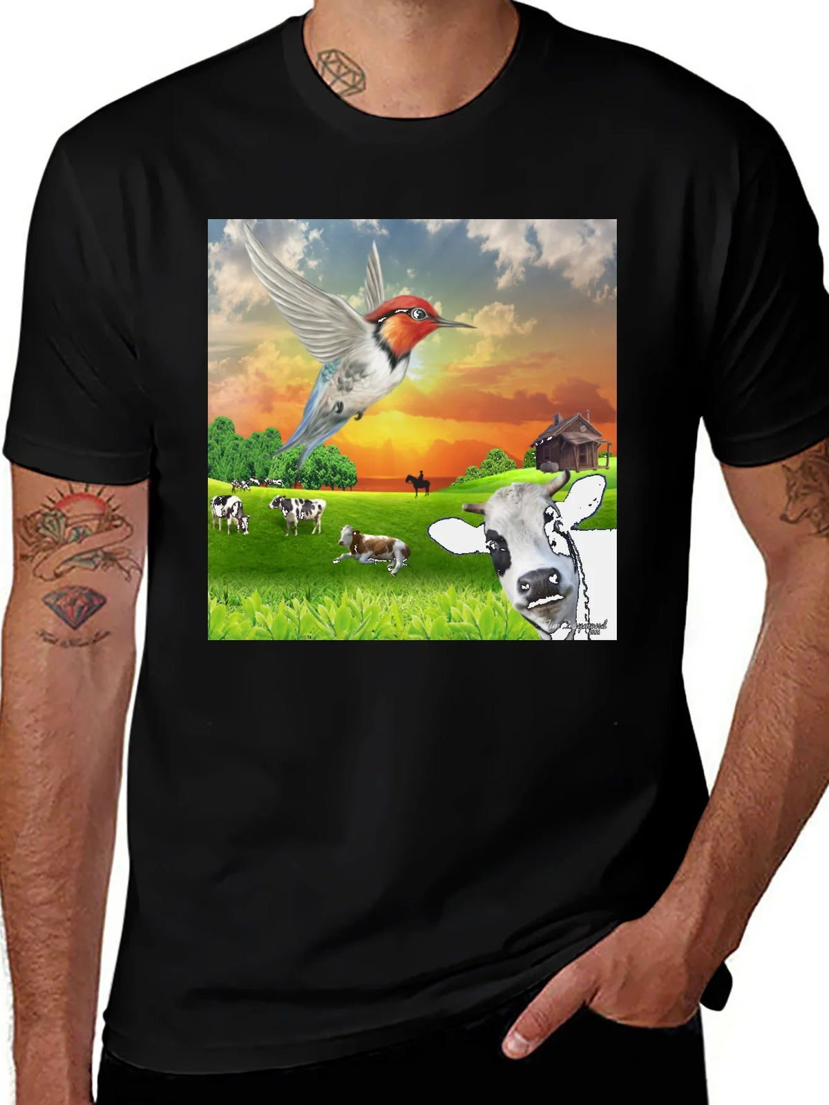 Hummingbird & Cow Farm T-Shirt - Unique Animal Design product image 1