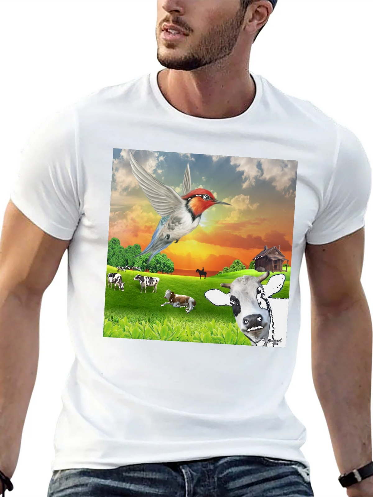 Hummingbird & Cow Farm T-Shirt - Unique Animal Design product image 12