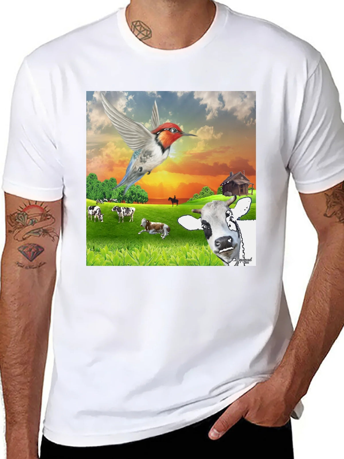 Hummingbird & Cow Farm T-Shirt - Unique Animal Design product image 7