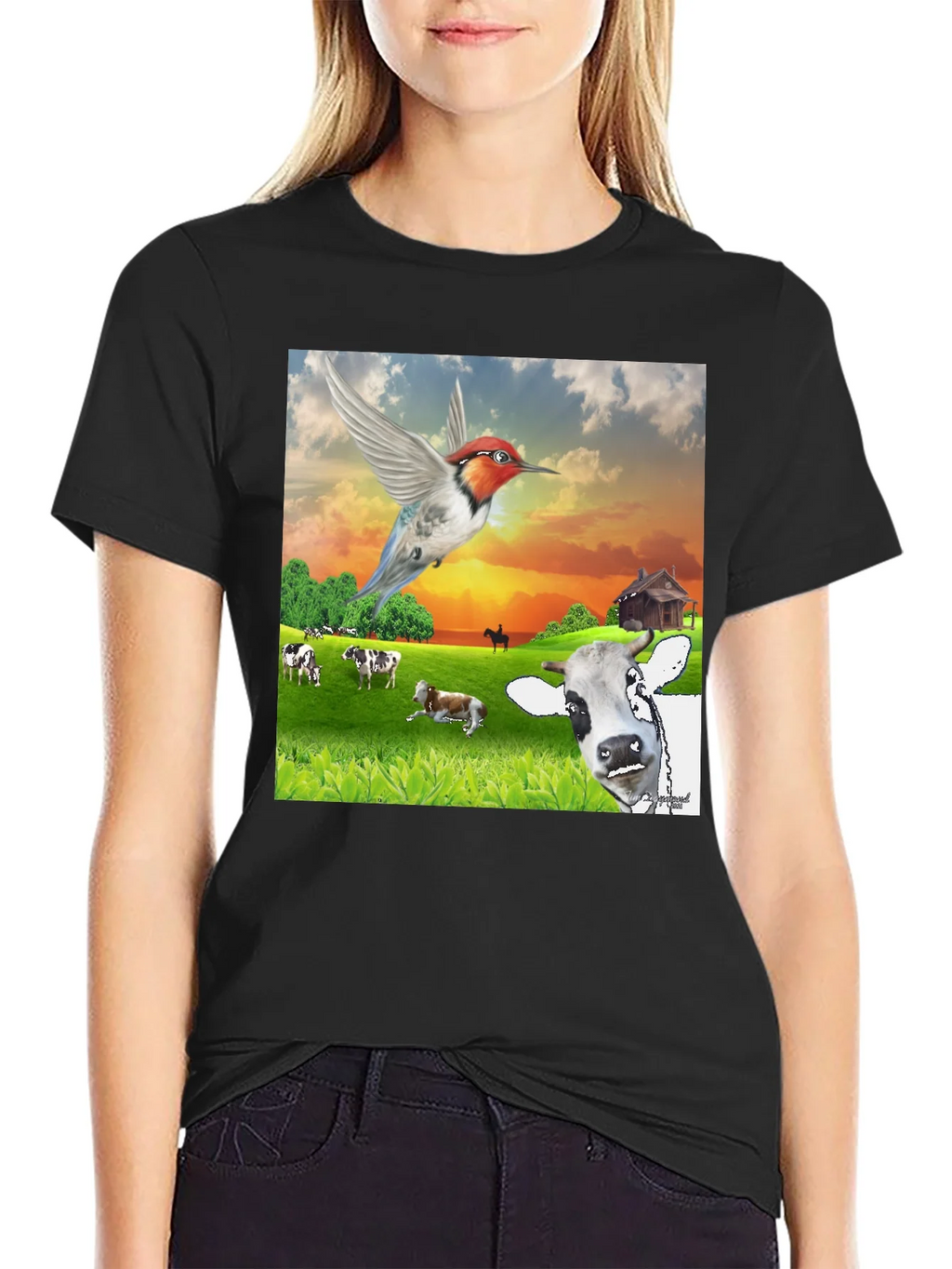 Hummingbird & Cow Farm T-Shirt - Unique Animal Design product image 2