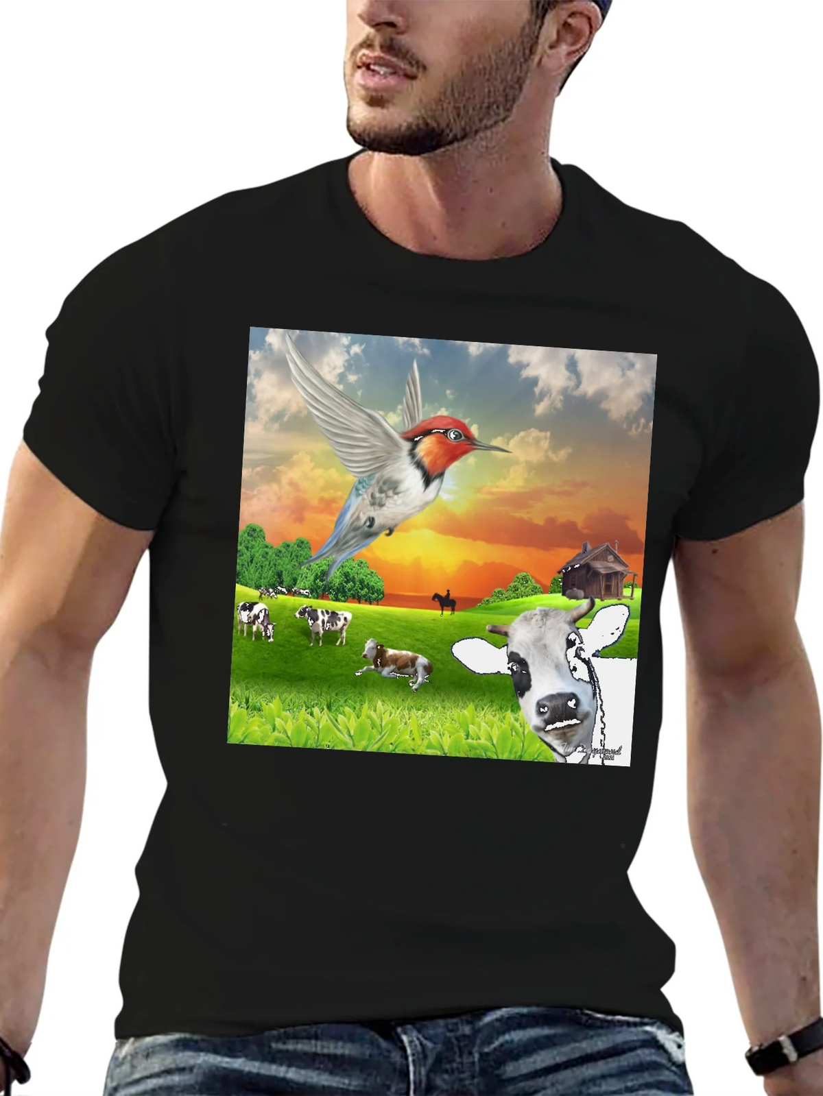 Hummingbird & Cow Farm T-Shirt - Unique Animal Design product image 6