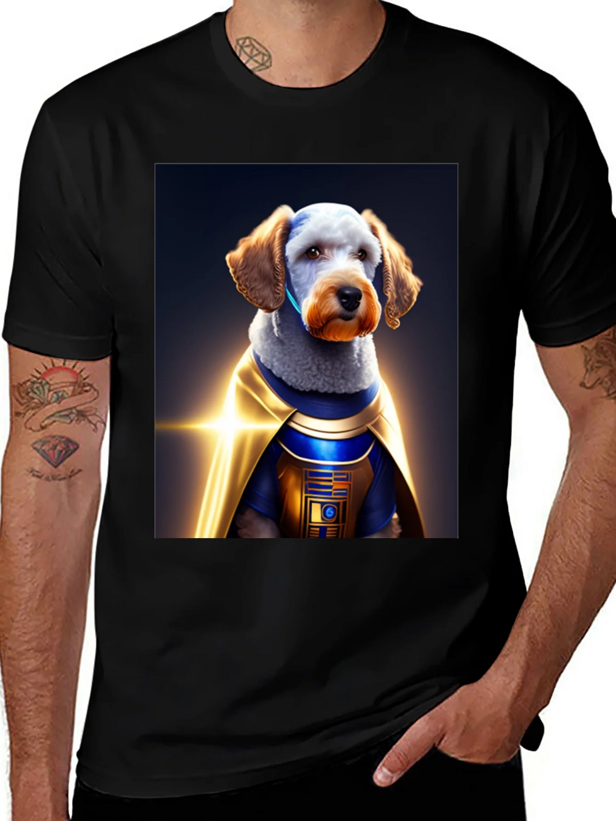 Dog Dressed as R2-D2 on Black T-Shirt product image 1