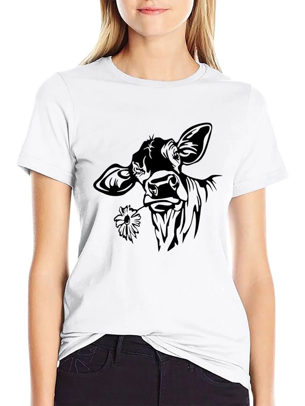 Cow with Flower T-Shirt - Black Crew Neck Tee product image 6