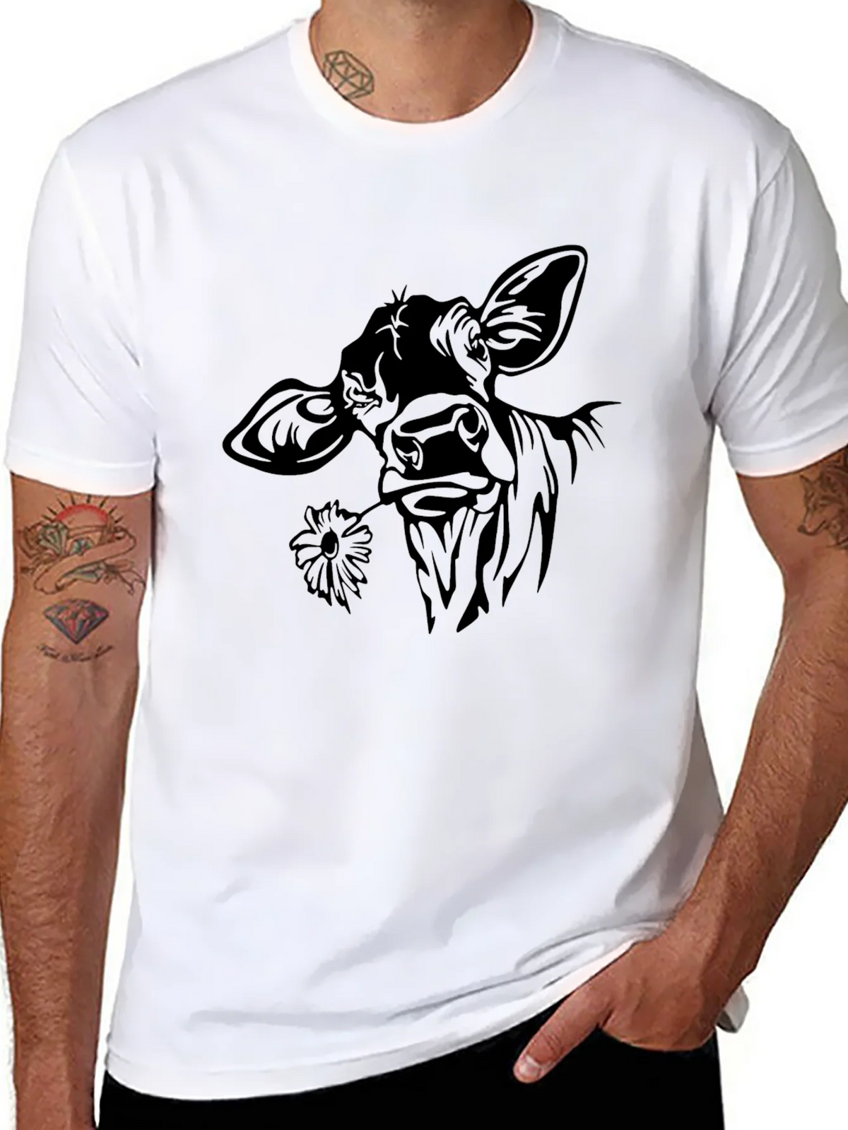 Cow with Flower T-Shirt - Black Crew Neck Tee product image 5