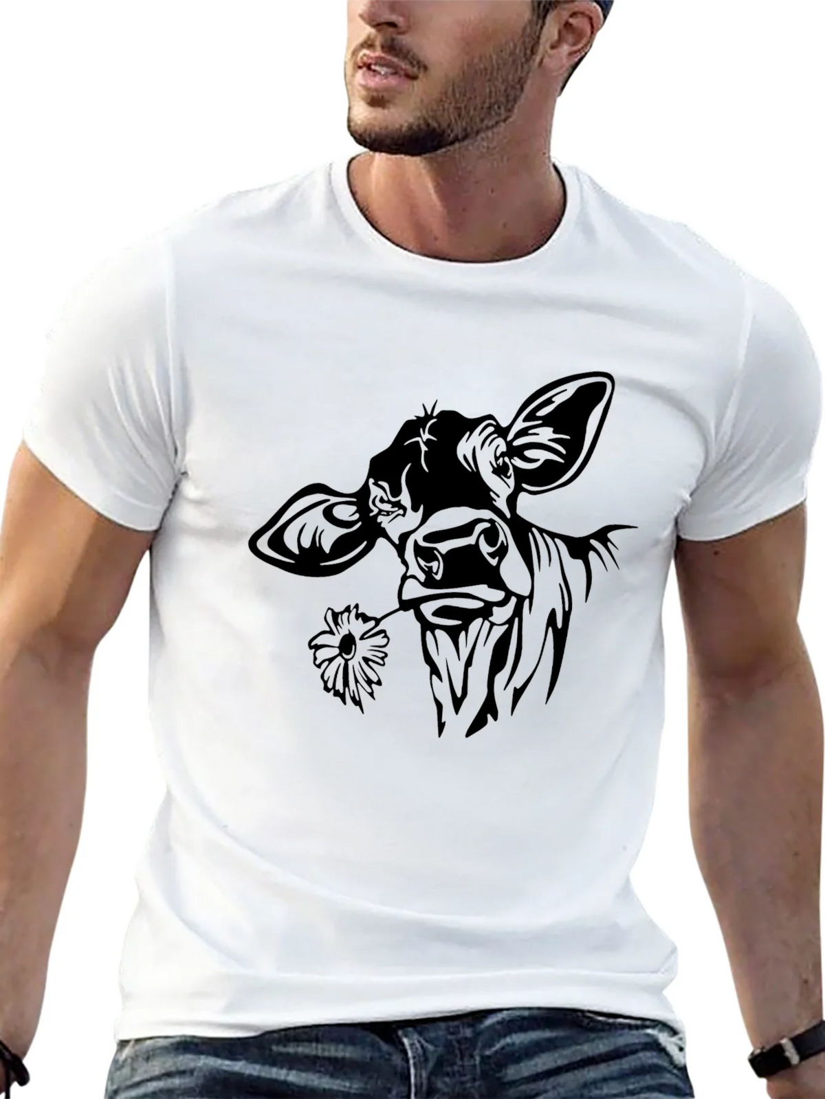 Cow with Flower T-Shirt - Black Crew Neck Tee product image 9