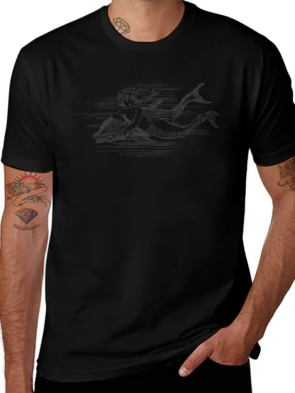 Black T-Shirt with Mermaid & Dolphin Design product image 1