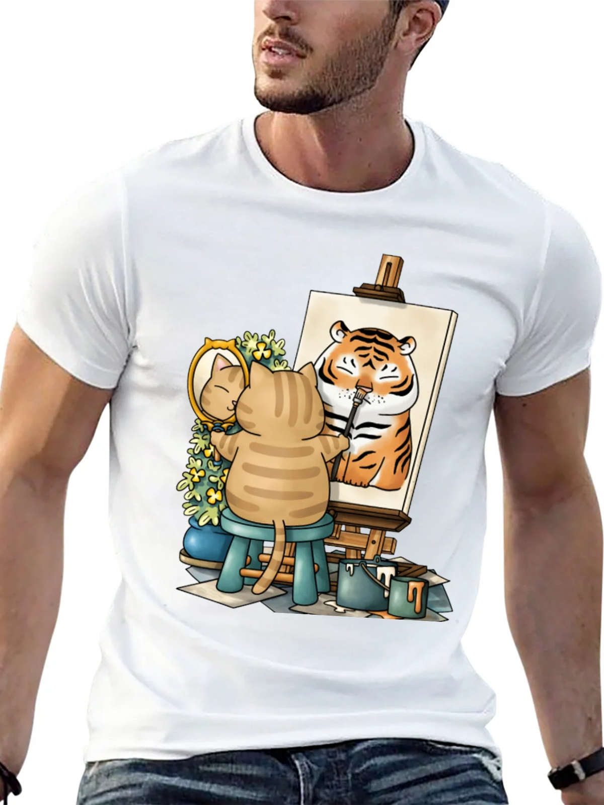 Cat Artist T-Shirt - Painting Tiger Self Portrait Cute Tee product image 12