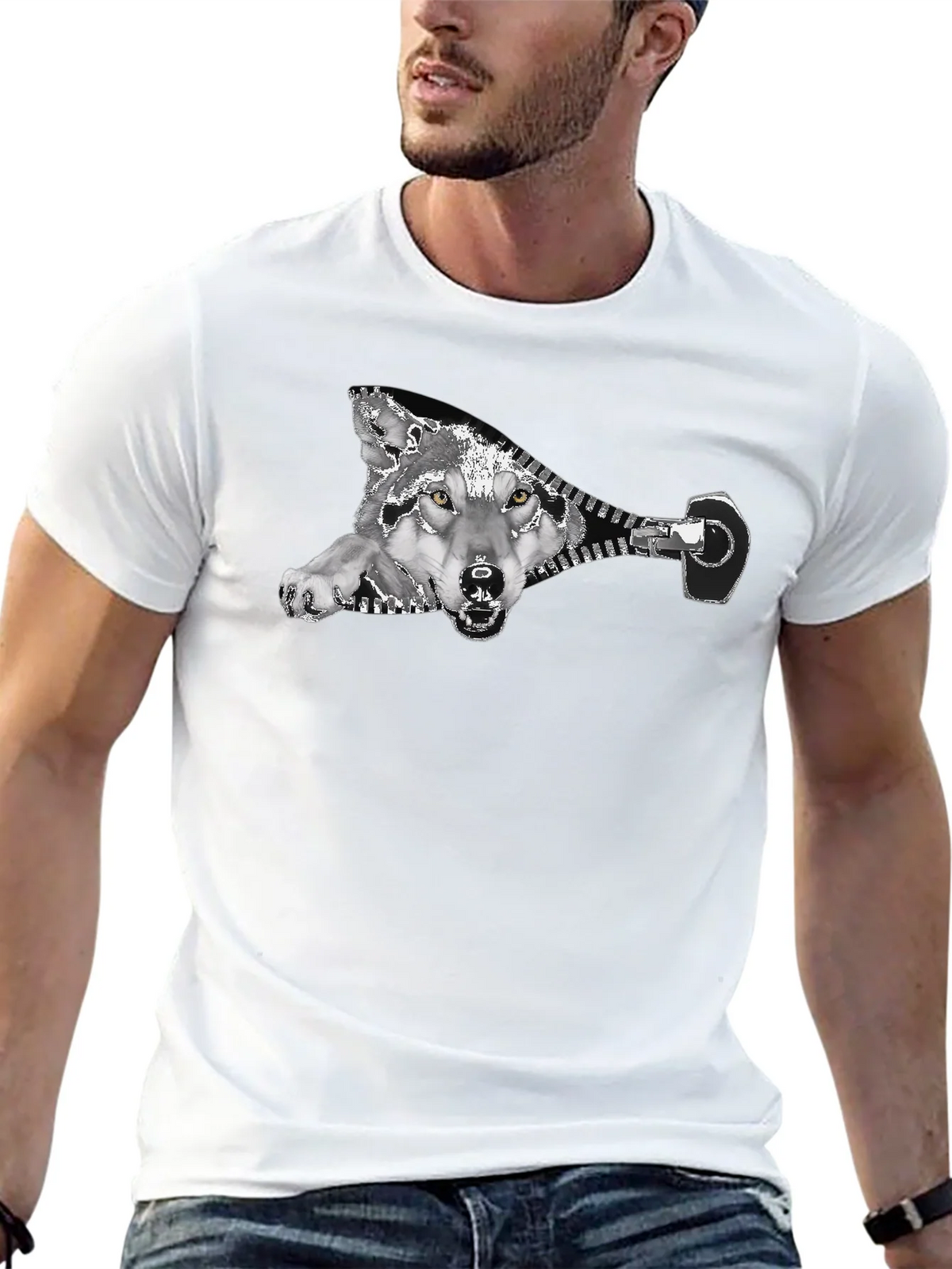 Wolf Zipper Graphic Print Black T-Shirt product image 12