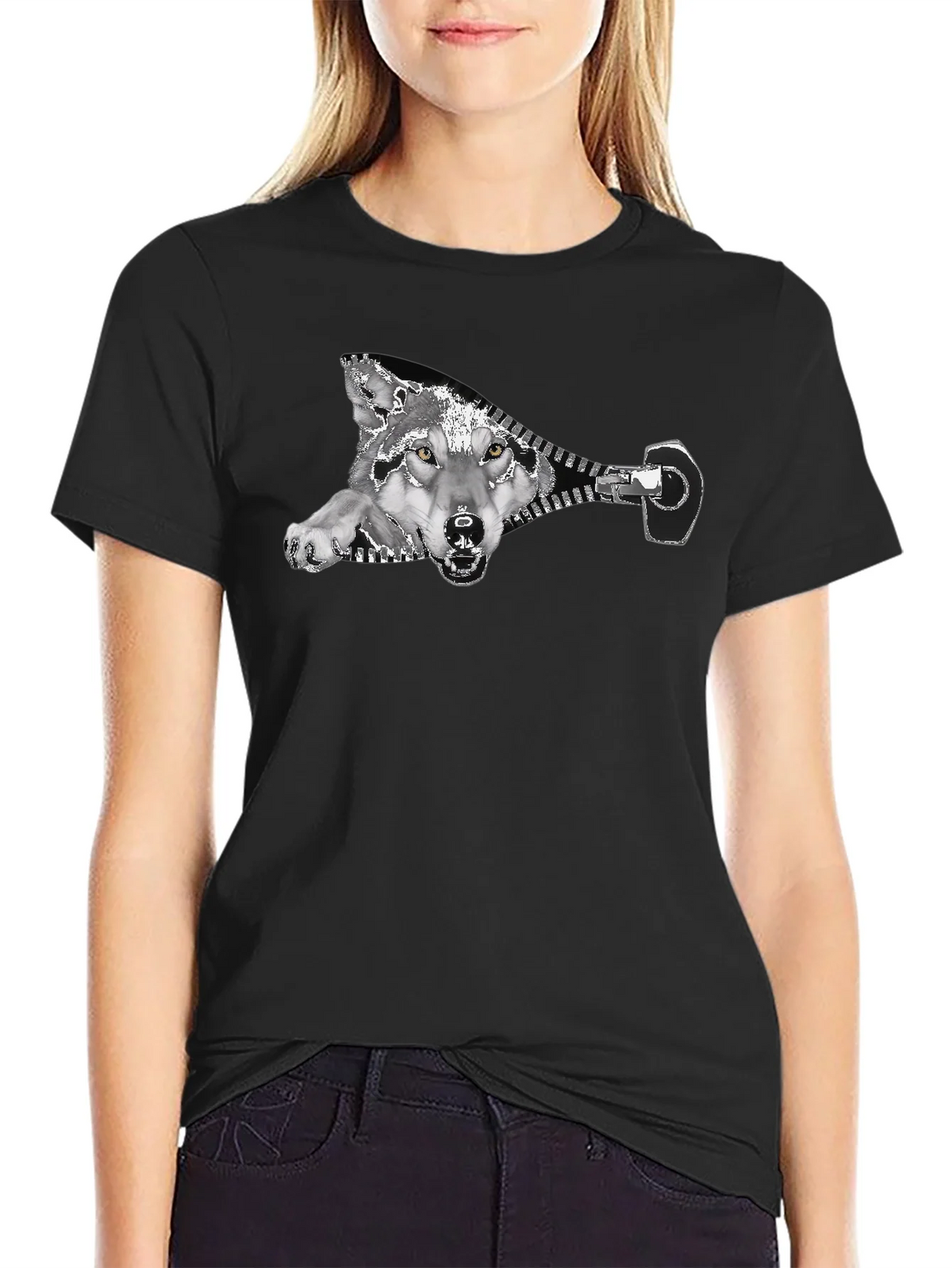 Wolf Zipper Graphic Print Black T-Shirt product image 2