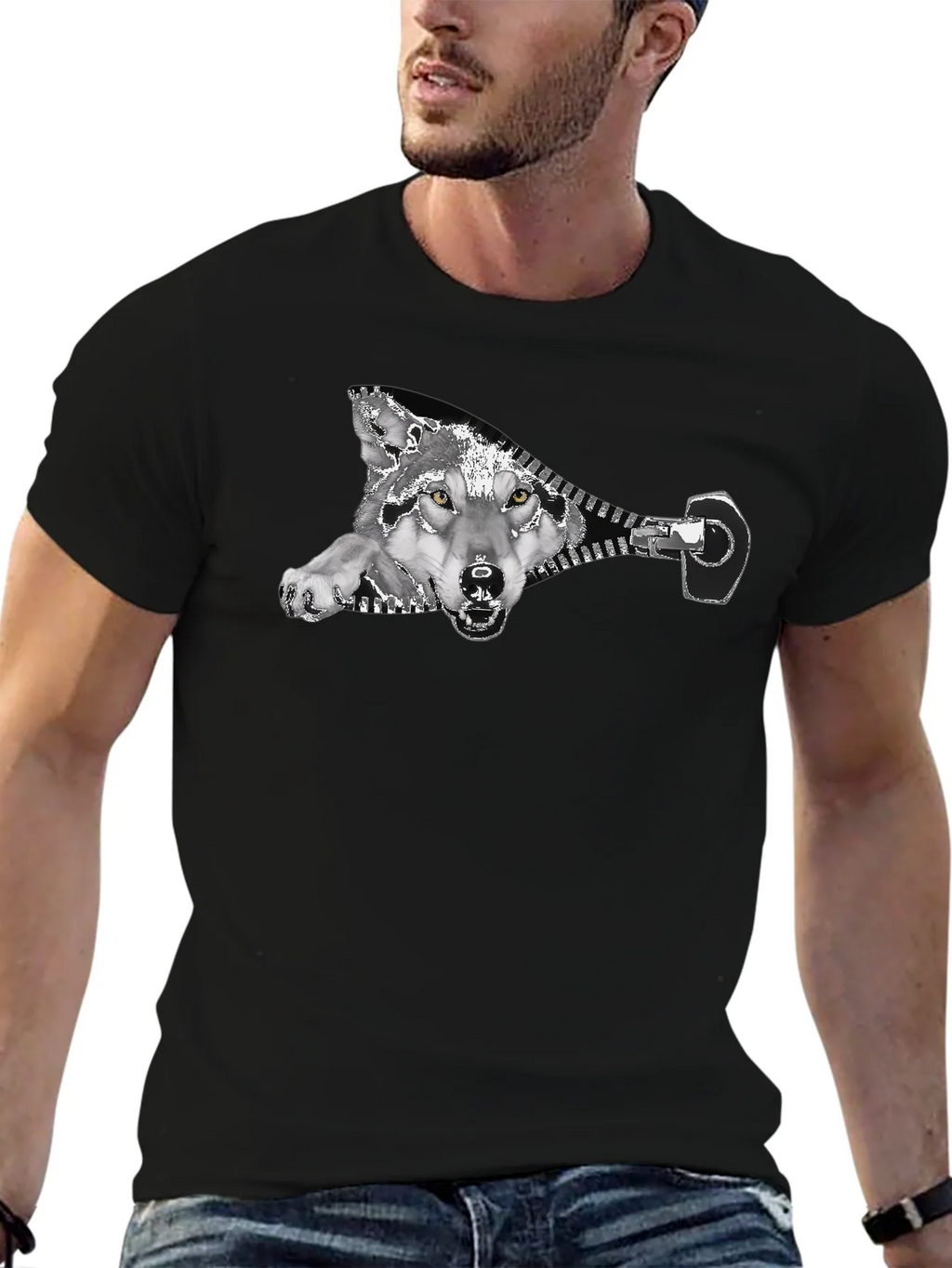 Wolf Zipper Graphic Print Black T-Shirt product image 6