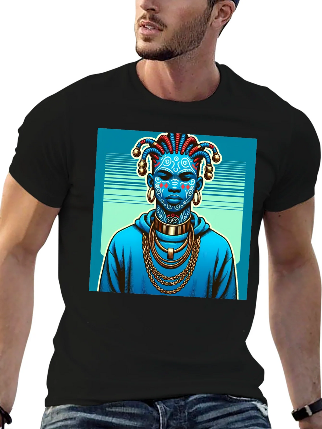 Artistic Graphic Tee - Blue Tribal Design product image 6
