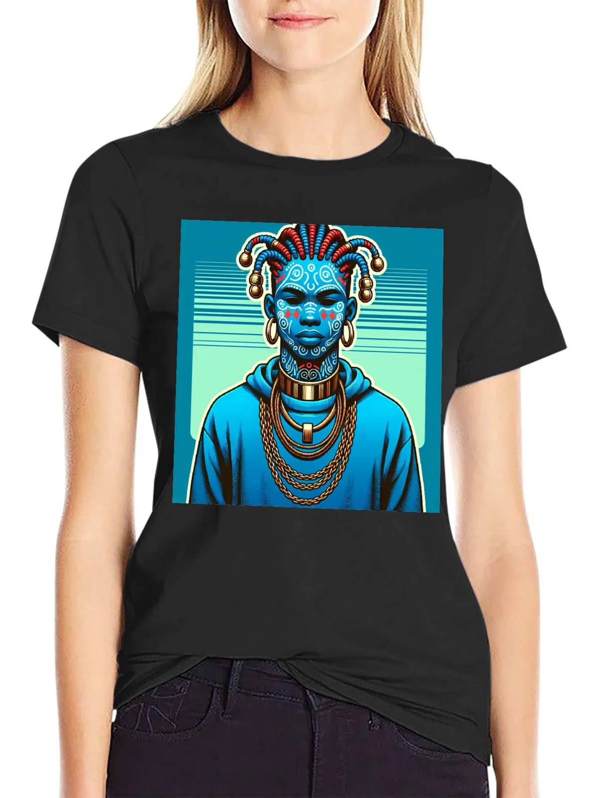Artistic Graphic Tee - Blue Tribal Design product image 2