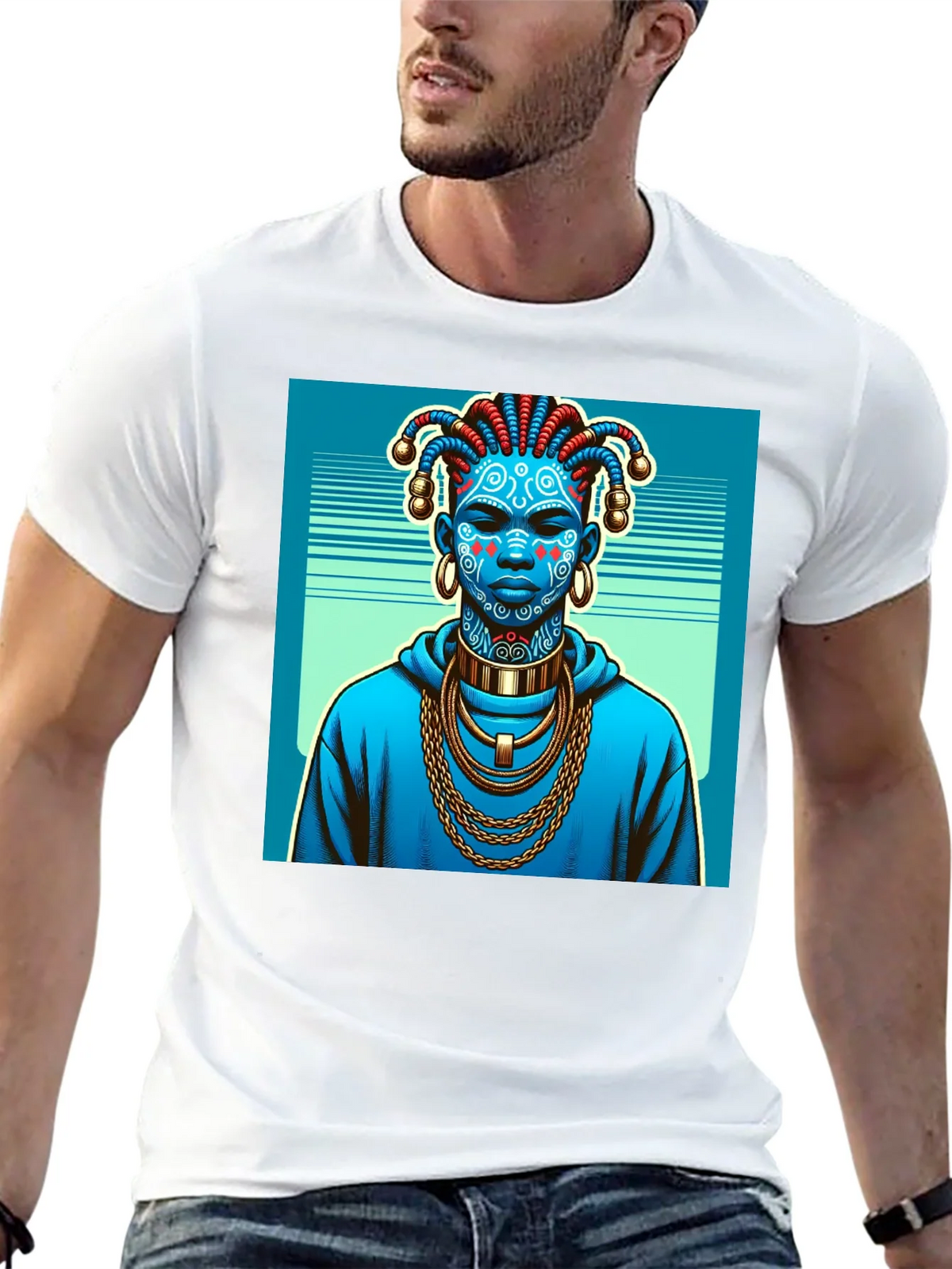 Artistic Graphic Tee - Blue Tribal Design product image 12