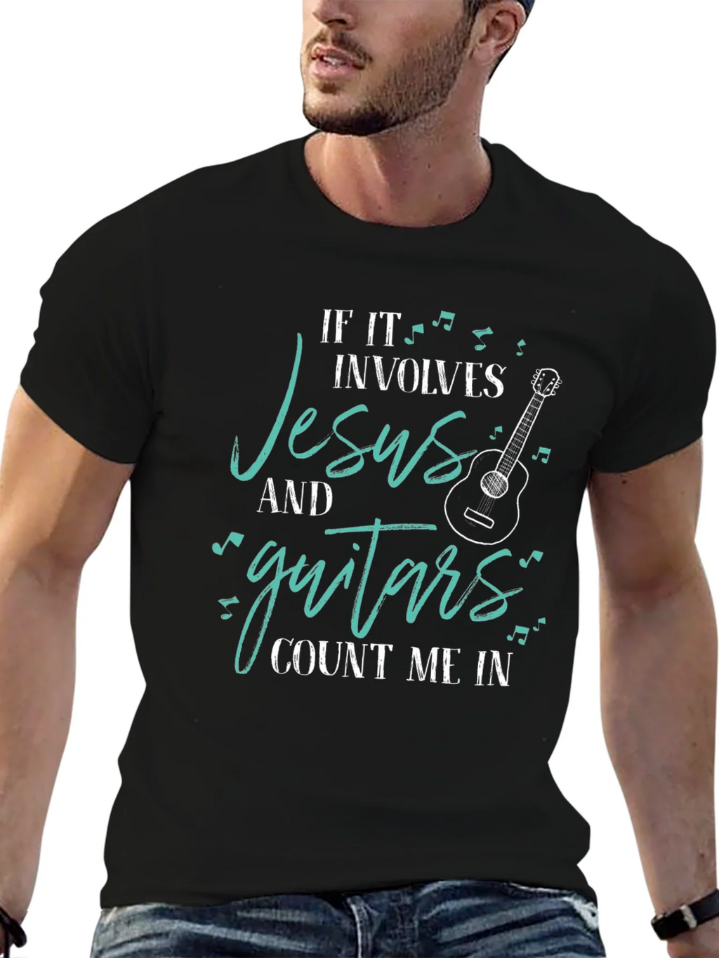 Jesus and Guitars Graphic Tee | Black Crew Neck T-Shirt product image 6