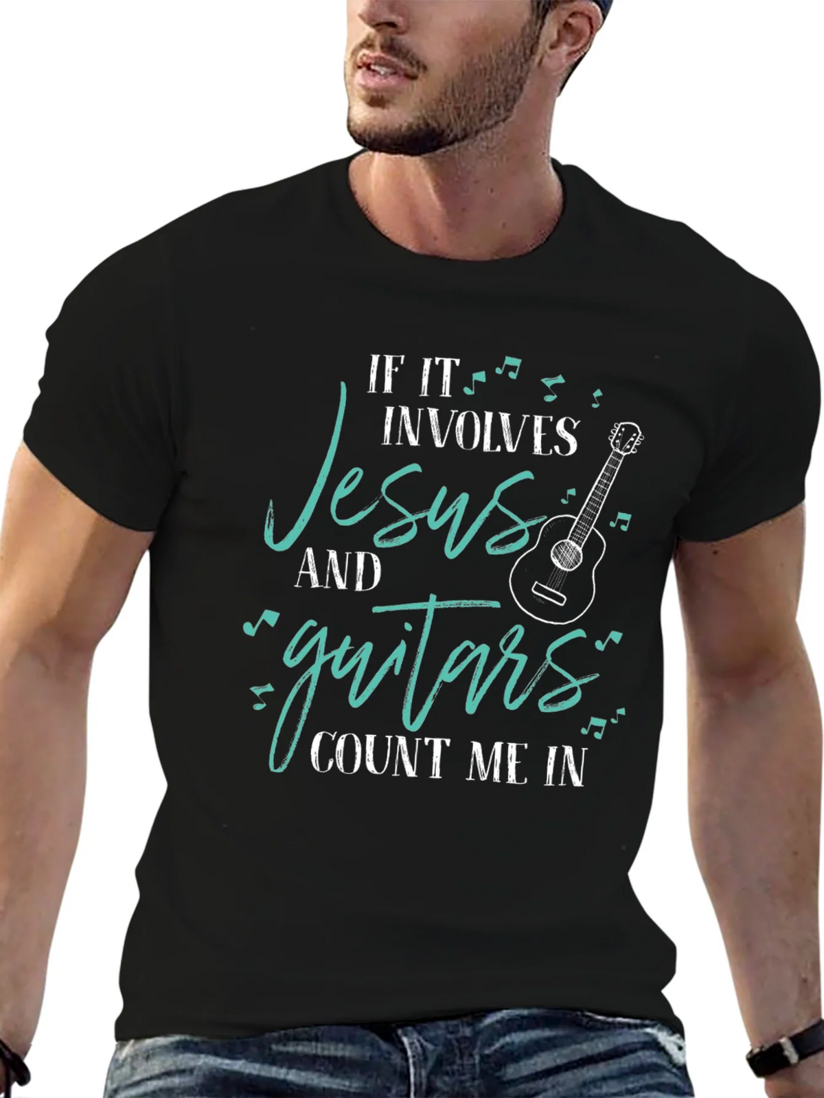 Jesus and Guitars Graphic Tee | Black Crew Neck T-Shirt product image 6