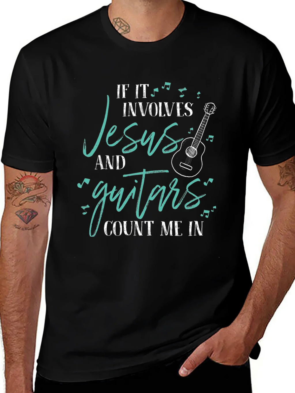 Jesus and Guitars Graphic Tee | Black Crew Neck T-Shirt product image 1