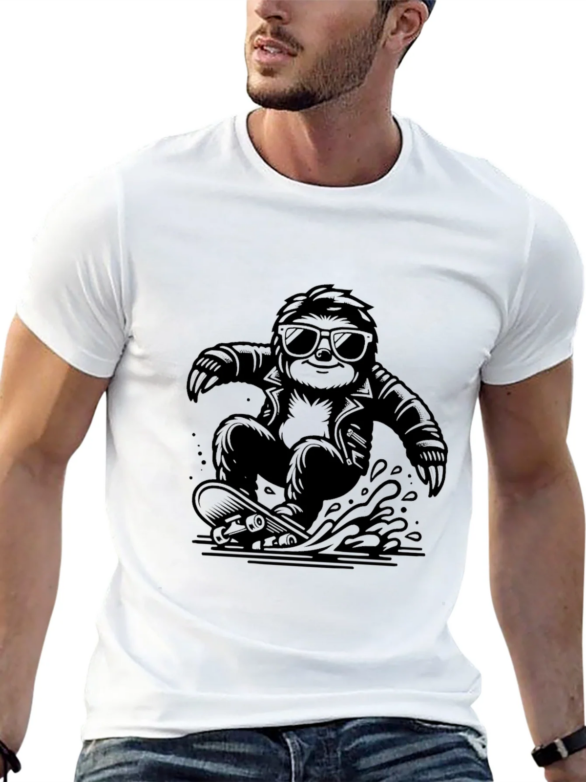 Cool Sloth Skateboarder Graphic Tee - Black product image 3