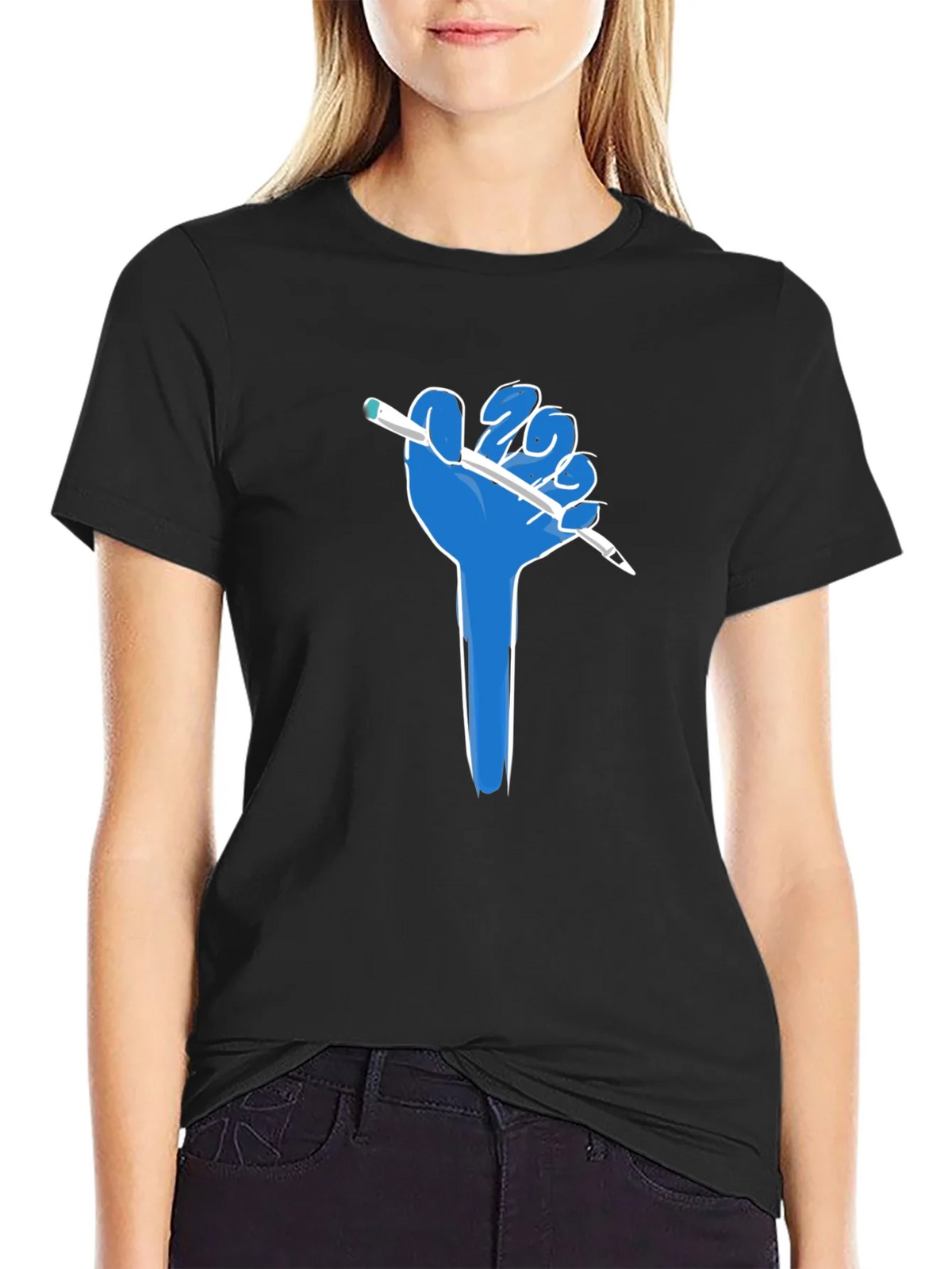 Creative Blue Hand Holding Pen Black T-Shirt product image 2