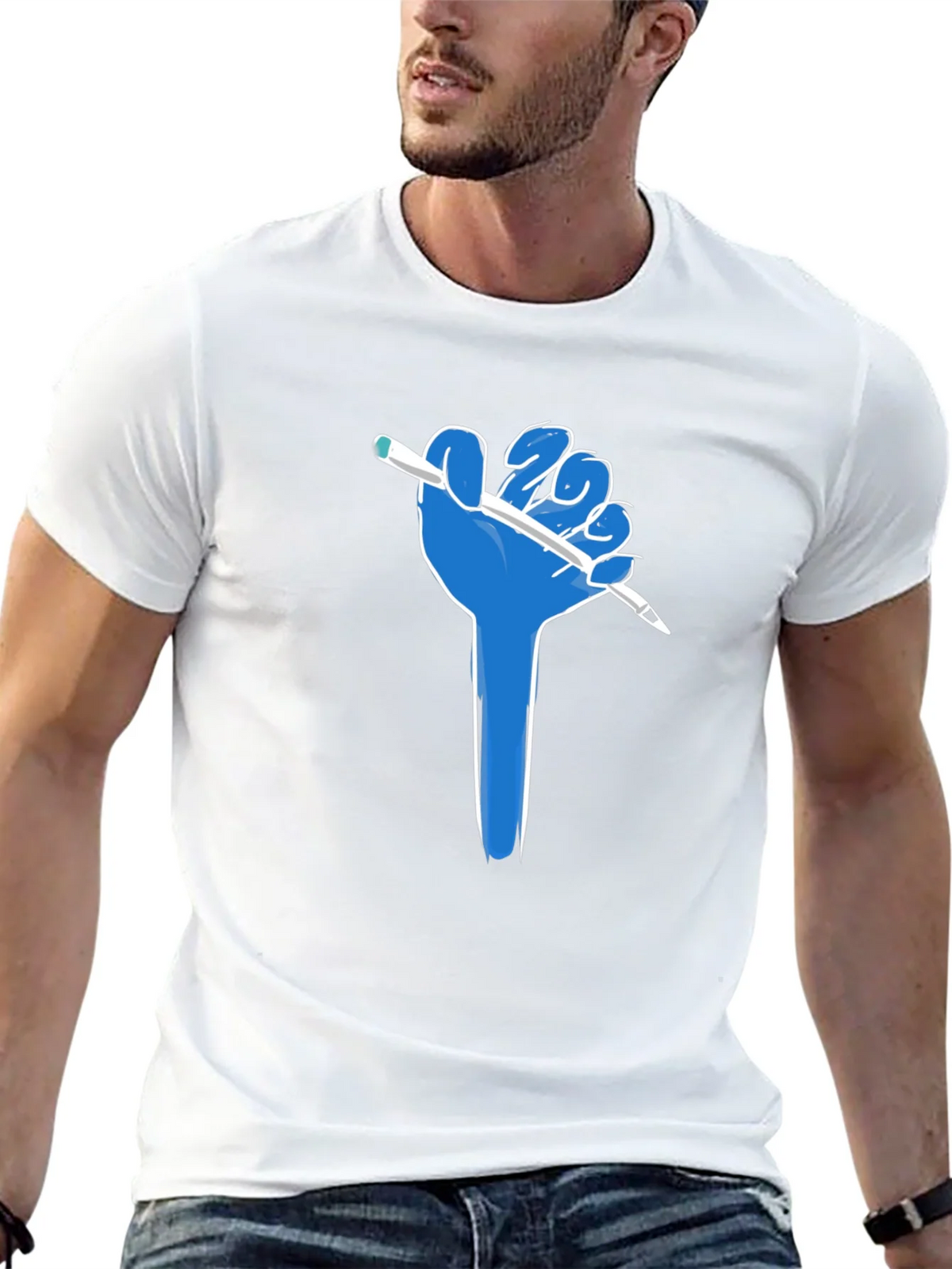 Creative Blue Hand Holding Pen Black T-Shirt product image 10