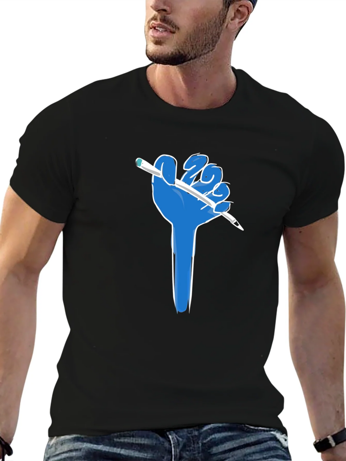 Creative Blue Hand Holding Pen Black T-Shirt product image 6