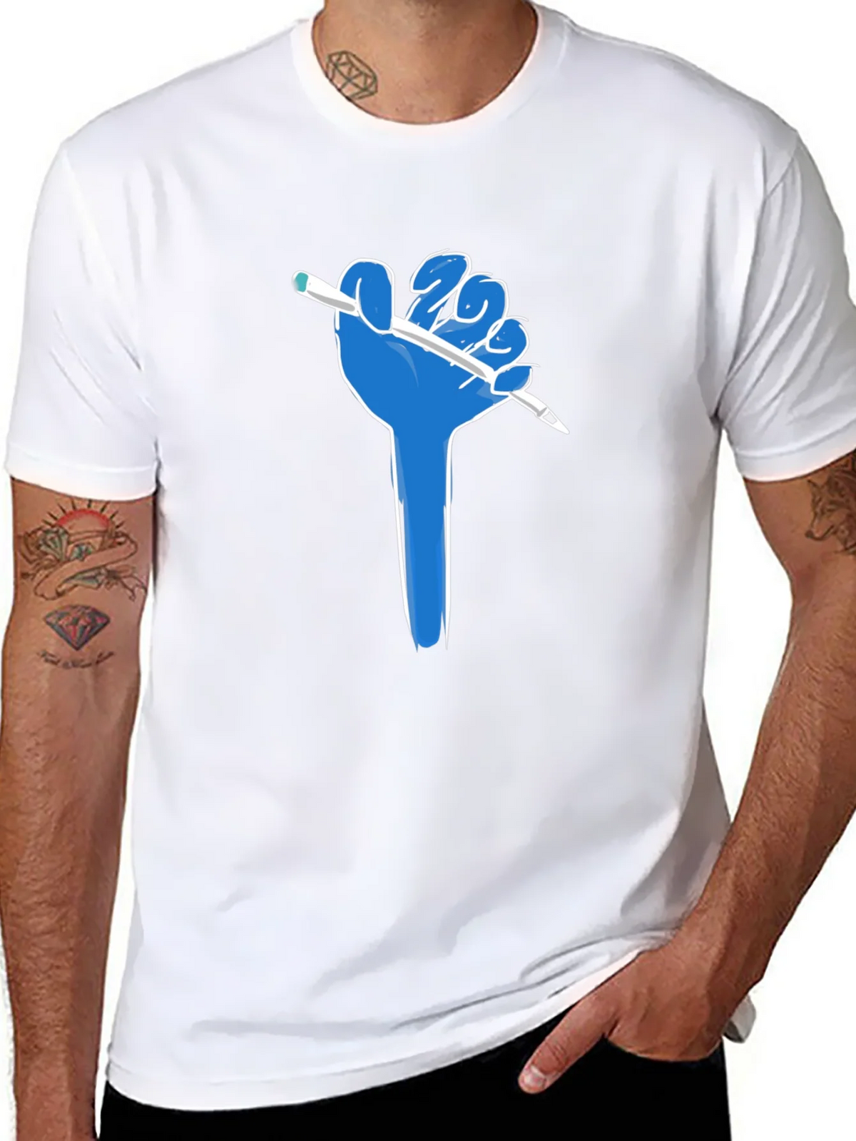 Creative Blue Hand Holding Pen Black T-Shirt product image 7