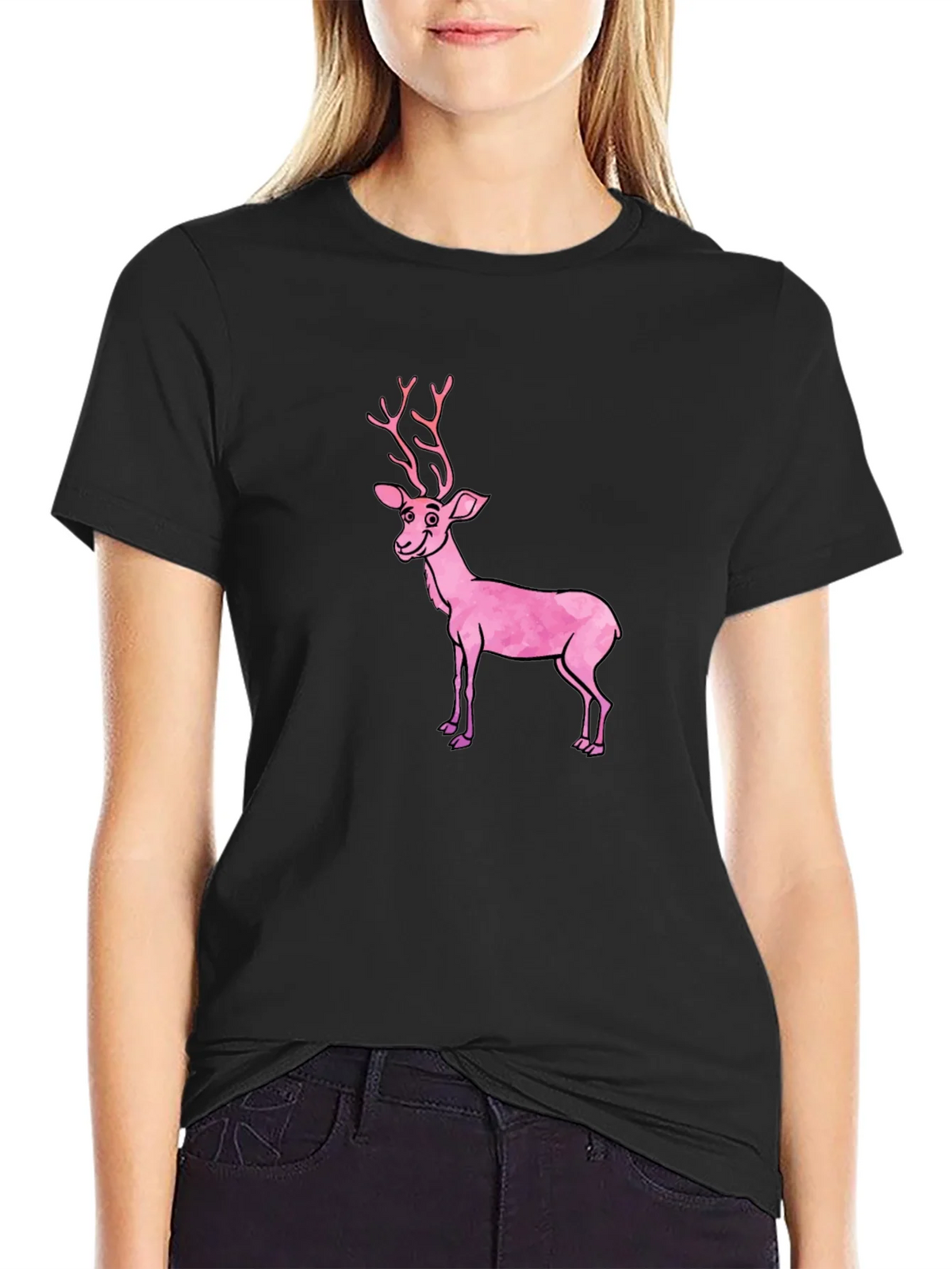 Black T-Shirt with Pink Deer Graphic product image 2
