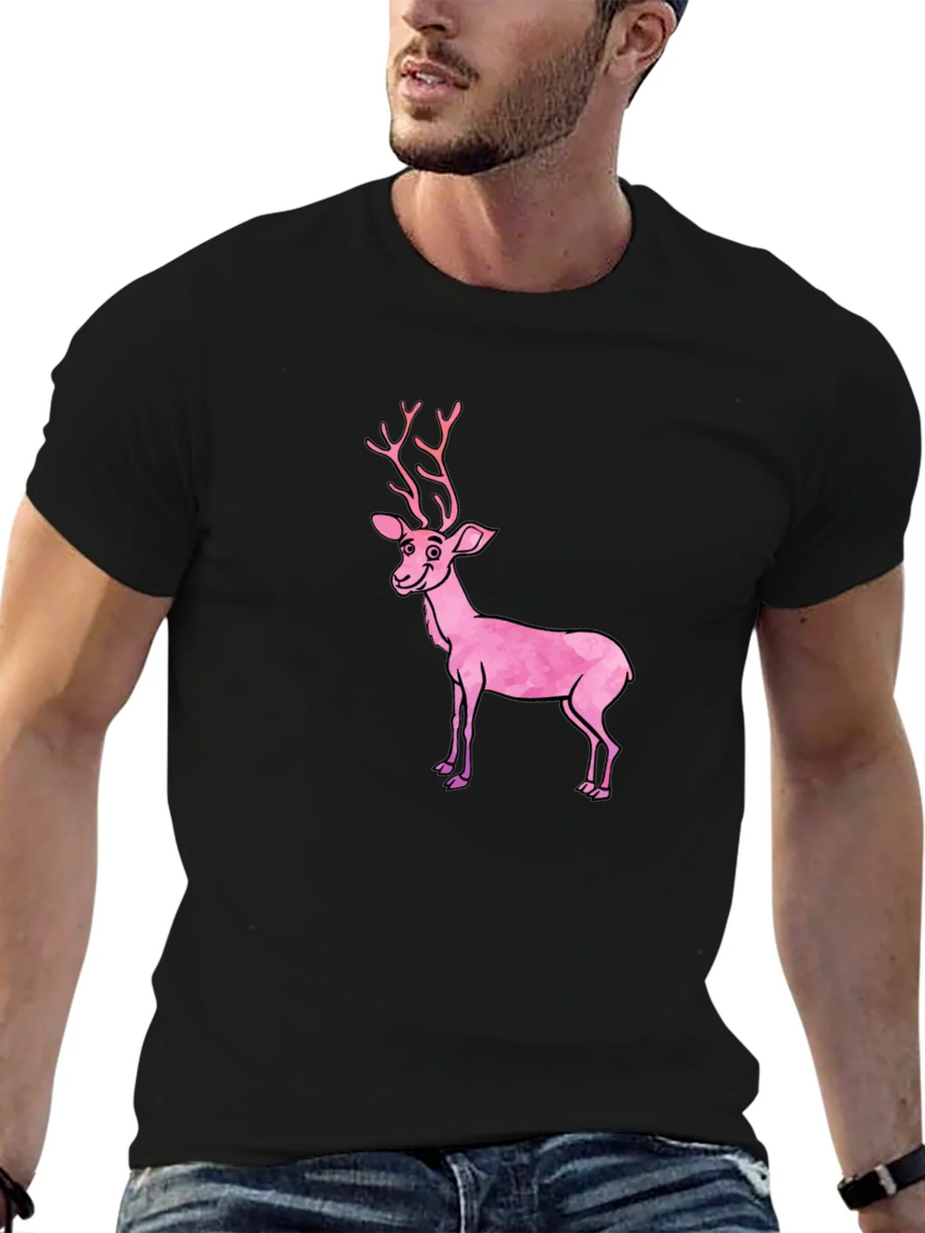 Black T-Shirt with Pink Deer Graphic product image 6