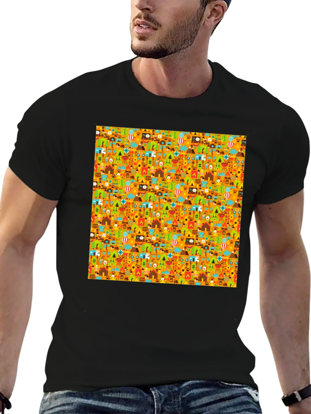 Camping Pattern Mens Black T-Shirt product image 6
