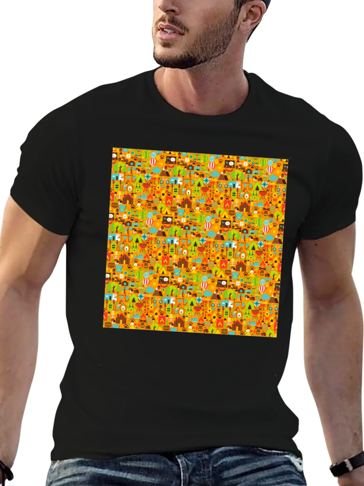Camping Pattern Mens Black T-Shirt product image 6