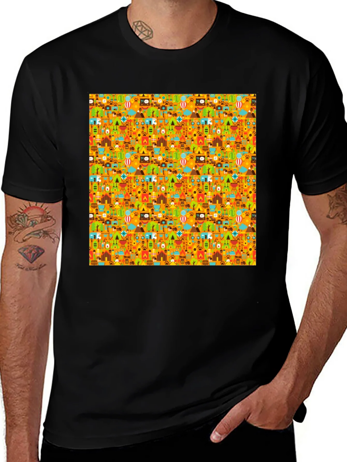 Camping Pattern Mens Black T-Shirt product image 1